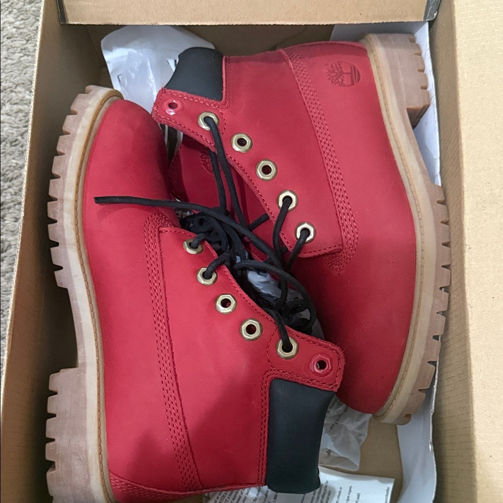 Timberland Red Nubuck Lace-Up Boots with Tan Lug Sole